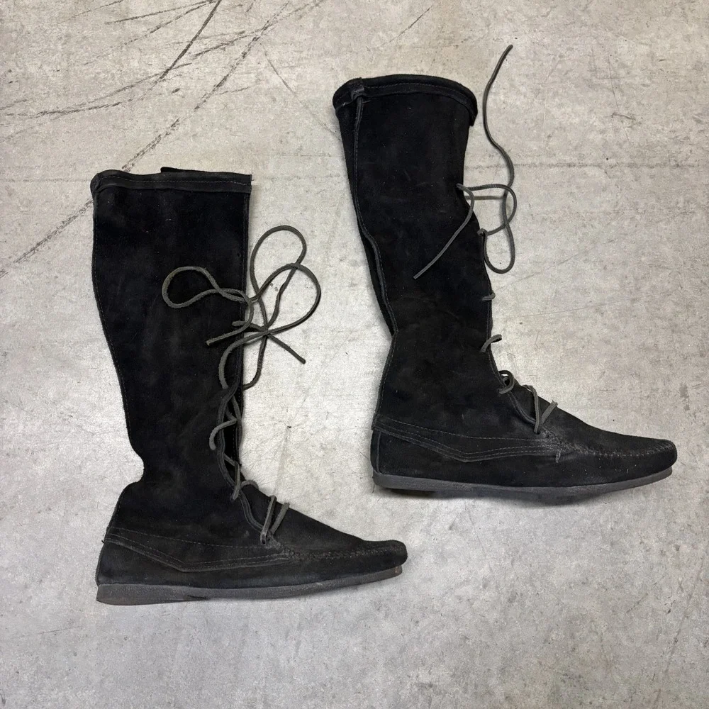 Minnetonka Front Lace Knee High Boots Men's 10 Black 1929 Renfaire Festival